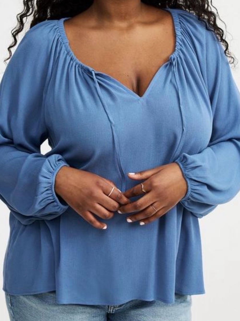 torrid Blue V-Neck Peasant Blouse with Tie